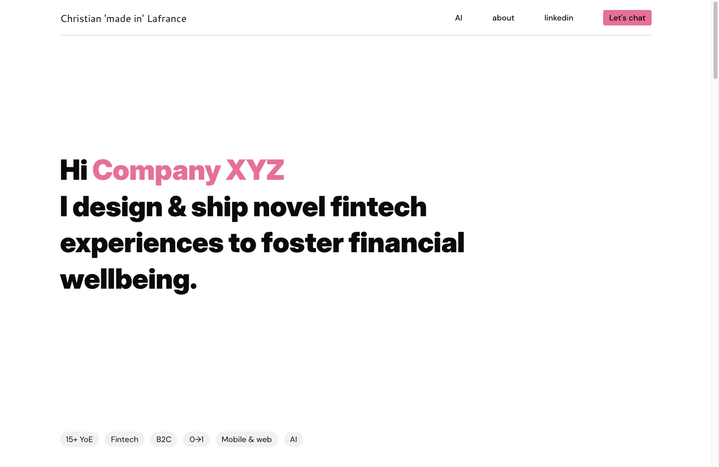 Landing page tailored to Company XYZ, pink brand on a light hero