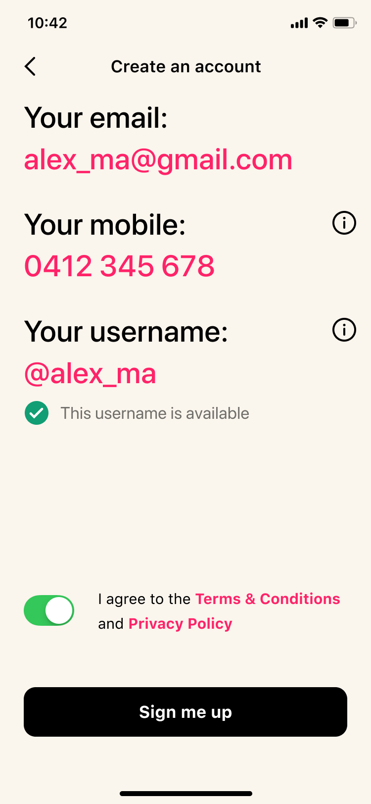 Merged signup screen capturing email, mobile and username together