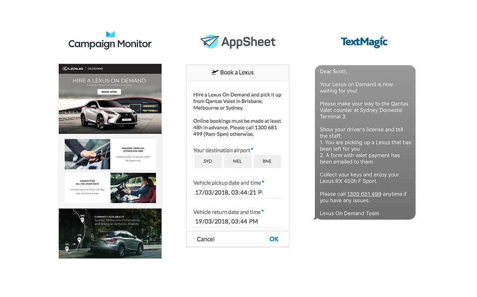 No-code MVP stack: Campaign Monitor for campaigns, AppSheet for bookings, TextMagic for customer SMS
